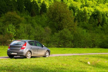Turya, Ukrayna - 17 Mayıs 2021: doğa manzarasında küçük bir hatchback. Çayırdan geçen kırsal yolda bir araba. Tepedeki ağaçlar. Sabah güneşinde güzel bahar manzarası