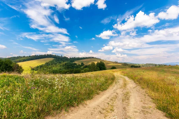 Estrada Rural Através Prados Gramados Paisagem Rural Maravilhosa Com Colinas — Fotografia de Stock