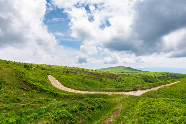 Ukrainska Karpaterna Bergslandskap Sommaren Grusväg Och Vandringsled Panoramautsikt Över Kuperad — Stockfoto