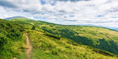 Alp Dağları 'nın güzel manzarası. Taze yeşil çayırlar güneşli bir günde mavi gökyüzü ve bulutlarla. Toprak yol ve Petros Dağı 'na giden yürüyüş yolu. seyahat Ukrayna Karpatları konsepti