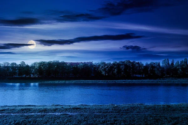 Embankment River Night Grassy Shore Linden Alley Full Moon Light — Stock Photo, Image