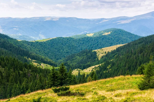 Colinas Arborizadas Paisagem Montanha Carpathian Vista Para Distância Céu Nublado — Fotografia de Stock