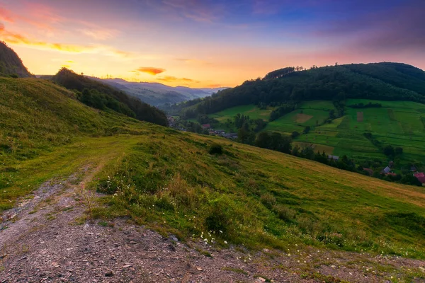 Mountainous Countryside Landscape Dawn Rural Fields Hills Village Distant Valley — Stock Photo, Image