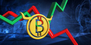 BTC para birimi simgesinin 3 boyutlu çizimi. Soyut mavi arka planda dijital bitcoin borsa grafiği. hamallık pazarı eğilimi