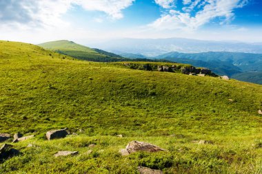 Vadinin manzarası. Karpatya dağlarının yaz manzarası. Gökyüzünde bulutlarla güneşli bir gün. seyahat ve turizm kavramı