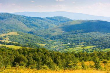 Cennet gibi bir yaz gününde dağ manzarası. Capathian Alpleri 'nin kırsal arazisinde taze yeşil çayırlar ve orman tepeleri var. Uzak vadideki köy. Bulutlar mavi gökyüzünde öğleden sonra ışığında