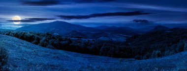 Eylül gecesi Karpatya kırsalında. Dolunay ışığında yuvarlanan tepede çimenli tarlaları olan güzel bir dağ manzarası. Uzak vadideki köylü kırsal manzara. Karanlık gökyüzünde bulutlar