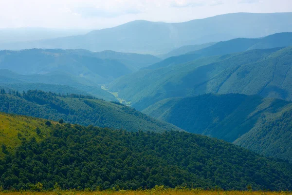 Paisagem Verão Nas Montanhas Vista Para Vale Verde Distante Prados — Fotografia de Stock