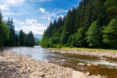 landscape with river running through valley. mountainous countryside scenery in summer. water flow along the rocky shore. sunny day with clouds on the blue sky