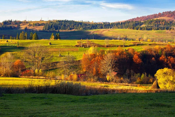 Rural Landscape Mountains Grassy Meadows High Stacks Rolling Hills Trees — Stock Photo, Image