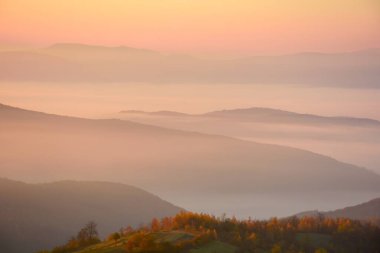 Sisli bir sonbahar sabahı. Şafak vakti dağların muhteşem kırsal manzarası. Ormanlık tepeler ve uzak vadide parlayan sis