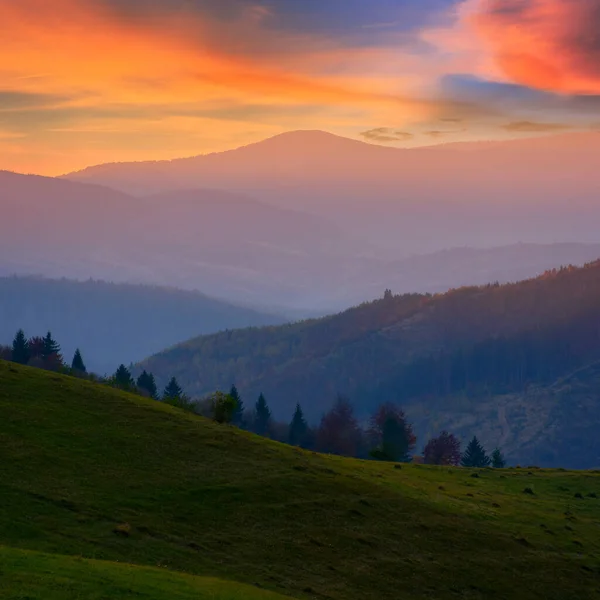 Carpathian Countryside Sunset Green Grassy Hills Meadows Rolling Distant Valley Stock Picture