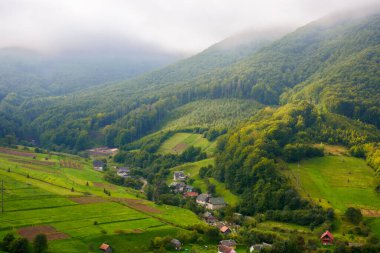 Karpatya kırsal arazisi. Yeşil alanlar ve tepelerde ekilebilir. Vadideki küçük bir köy. Parlak bulutlu gökyüzünün altındaki ormanlı dağ