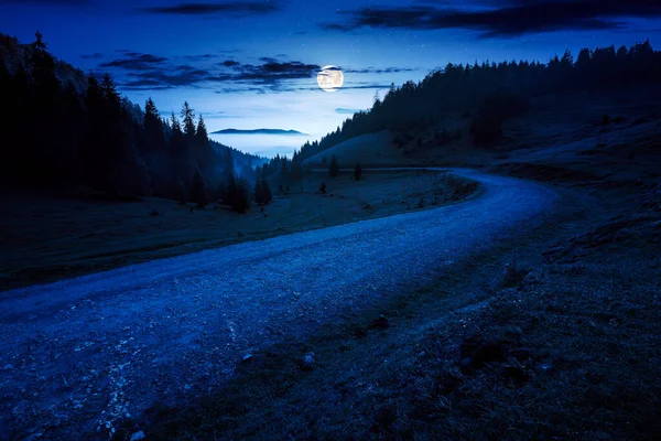 Paisaje Montaña Una Noche Niebla Árboles Coníferas Prado Herboso Valle — Foto de Stock