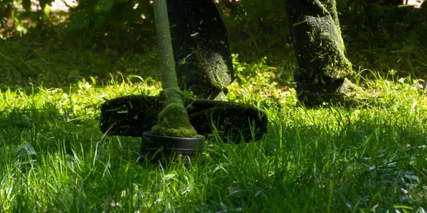 花园维修 绿色的草坪 配有设备 在室外作业中使用合适的工具 夏天的后院护理 — 图库照片