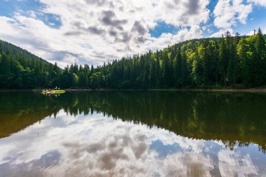 Yazın sakin göl manzarası. Suda orman yansıması olan sakin bir doğa. Synevyr, Ukrayna 'nın güzel seyahat geçmişi. yeşil açık hava ortamı