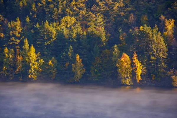 Paisagem Outono Com Lago Montanha Floresta Mista Folhagem Outono Costa — Fotografia de Stock