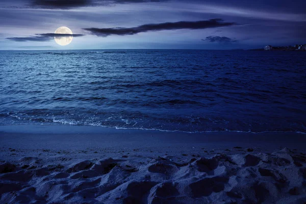 Night Scenery Sea Calm Waves Washing Sandy Beach Full Moon — Stockfoto