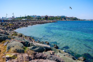 nessebar, bulgaria - sep 2, 2019: deniz kıyısındaki sette eski yel değirmeni. Popüler seyahat merkezi. Kadife mevsiminde güneşli hava
