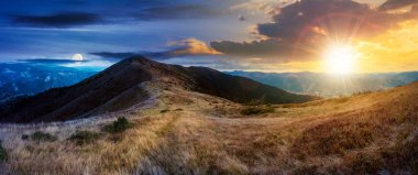 day and night time change above mountain landscape in early autumn at twilight. colorful scenery with peak and grassy hills with sun and moon. ridge in the distance beneath a cloudy sky