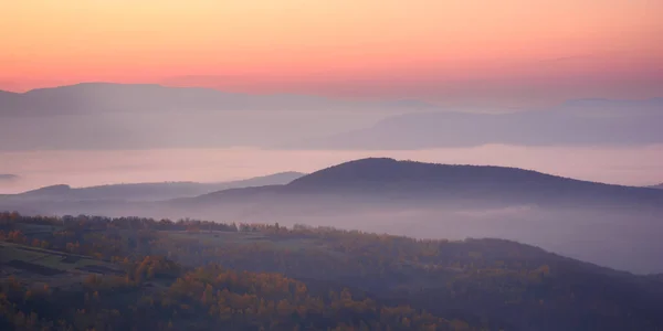 Nebliger Herbstmorgen Schöne Landschaft Den Bergen Bei Sonnenaufgang Bewaldete Hügel — Stockfoto