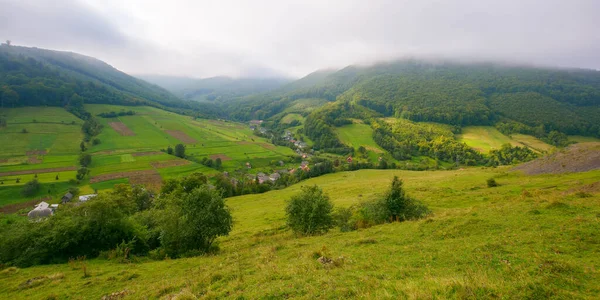 Karpaten Landschap Groene Velden Akkerland Heuvels Klein Dorpje Het Dal — Stockfoto