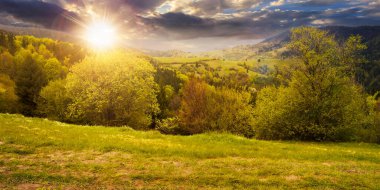 Baharda gün batımında güzel doğa manzarası. Karpat Dağları 'nın kırsal kesimlerinde akşam vakti taze yeşil çayırlar ve kozalaklı ormanlar görülür. Gökyüzündeki bulutlar uzak tepenin üstünde