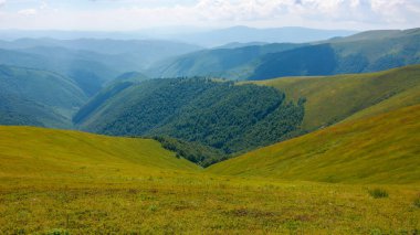 Yaz dağı manzarası. uzak kırsal vadiye bakın. Yeşil çayırlar ve orman tepeleri. Güneşli bir hava. Karpatların güzel doğası