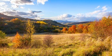 Kırsal vadiye güzel bir manzara. Güneşli bir öğleden sonra sonbahar manzarası. Yüksek tepeli uzak tepenin üstündeki bulutlar