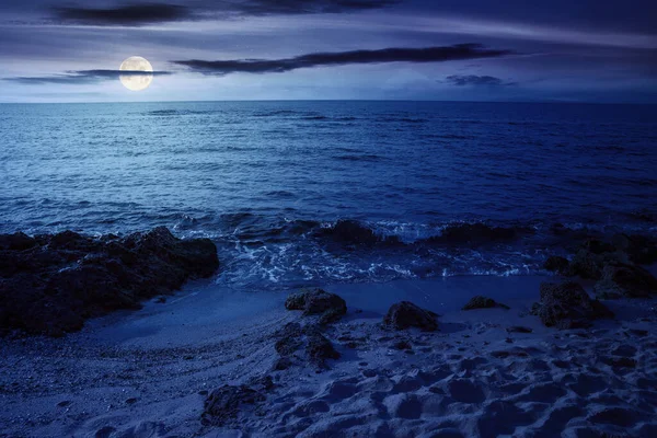 minimalistic seascape in summer at night. beach sea and horizon in full moon light. purity in nature