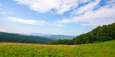 Yazın büyüleyici dağ manzarası. Ormanlık tepeler ve çimenlik çayırlar. Uzak vadiye bak ve parlak mavi gökyüzünün altında bulutlar var.