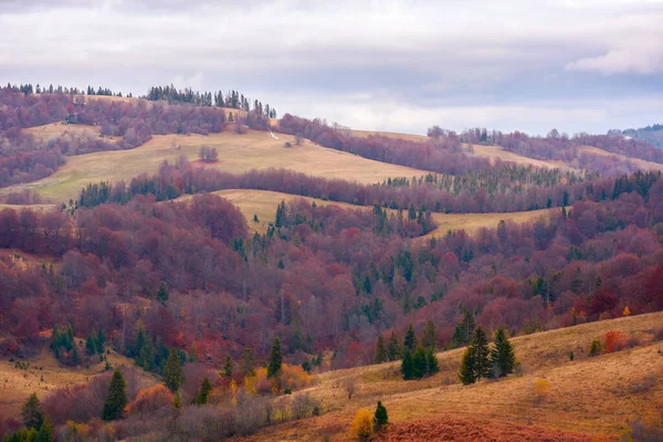 Krajina Krajiny Podzim Zalesněné Kopce Slunečného Počasí Zataženou Oblohou Klidná — Stock fotografie