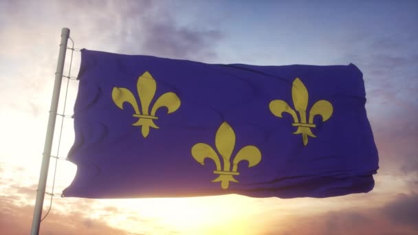 Флаг Иль-де-Франс, Франция, размахивая ветром, небом и солнцем — стоковое видео