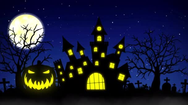 Lanetli Kale, Balkabağı ve Ürkütücü Ağaçlar konseptiyle Cadılar Bayramı arka plan animasyonu — Stok video