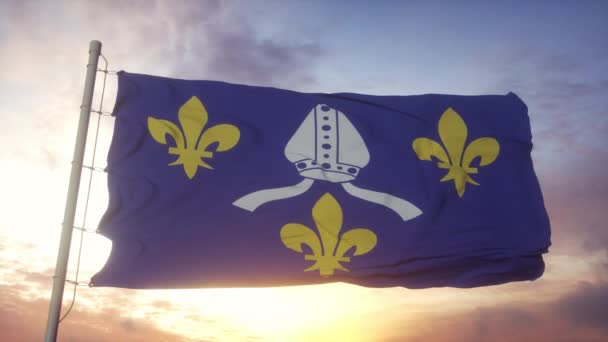 Bandera de Saintonge, Francia, ondeando con el viento, el cielo y el sol de fondo — Vídeos de Stock