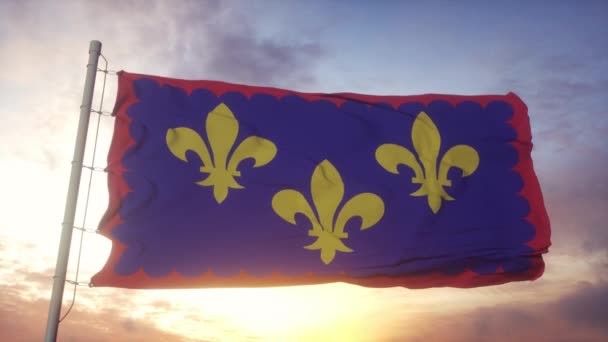 Berry flag, Francie, vlnění ve větru, obloha a slunce pozadí — Stock video