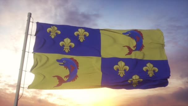 Флаг дофин, Франция, размахивая ветром, небом и солнцем — стоковое видео