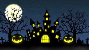 Balkabağı ve Ürkütücü Ağaçlar konseptiyle Cadılar Bayramı arka plan animasyonu