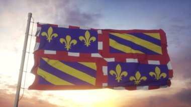 Bourgogne bayrağı, Fransa, rüzgarda, gökyüzünde ve arka planda dalgalanan