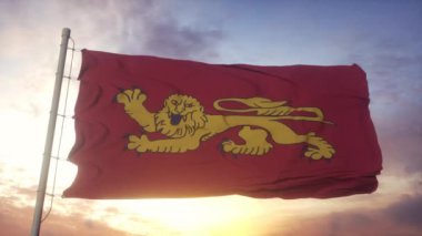 Aquitaine bayrağı, Fransa, rüzgarda, gökyüzünde ve arka planda dalgalanan