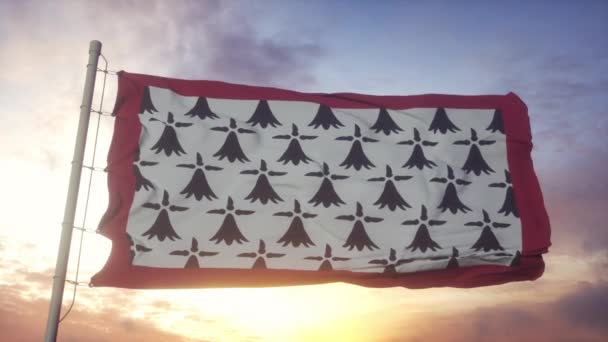 Bendera Limousin, Perancis, melambaikan tangan dalam angin, langit dan latar belakang matahari — Stok Video