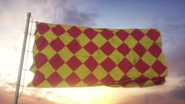 Bandera de Angoumois, Francia, ondeando en el viento, el cielo y el sol de fondo — Vídeos de Stock