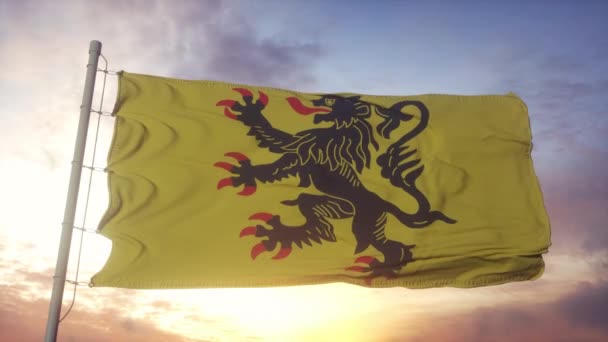 Bandera de Nord-Pas-de-Calais, Francia, ondeando con el viento, el cielo y el sol — Vídeos de Stock