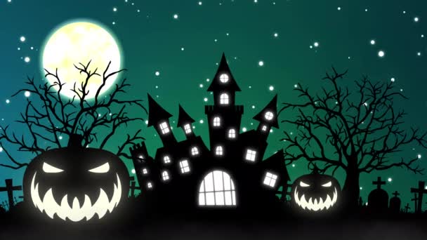 Animação de fundo de Halloween com o conceito de Castelo Assombrado, Lua e Abóboras — Vídeo de Stock