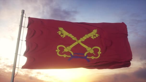 Bandeira Comtat Venaissin, França, acenando ao fundo do vento, céu e sol — Vídeo de Stock