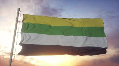 Rüzgarda, gökyüzünde ve arka planda sallanan Skolioseksüel gurur bayrağı. 3d oluşturma.