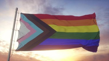 Rüzgar, gökyüzü ve güneş arka planında dalgalanan LGBT bayrağı. 3d oluşturma.