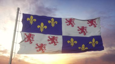 Picardie bayrağı, Fransa, rüzgarda, gökyüzünde ve arka planda dalgalanan. 3d oluşturma.