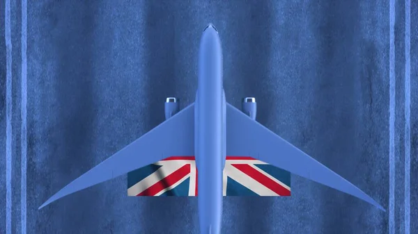 Commercial airplane landing at the airport of United Kingdom. Aerial view of a landing airplane on the airfield. 3d rendering.