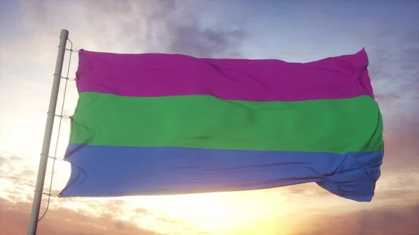 Полісексуальність Прапор Гордості Махає Вітрі Небі Фоні Сонця Візуалізація — стокове фото